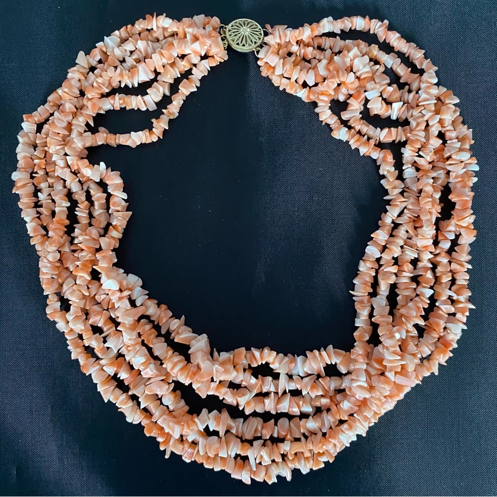16” Six Strand Coral Chip Necklace with gold filled filigree clasp - Picture 3 of 12